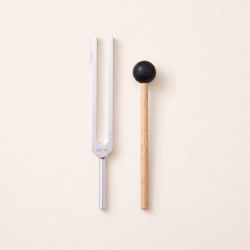 The 256 Hz tuning fork, a C, without weights, beside its wooden mallet.