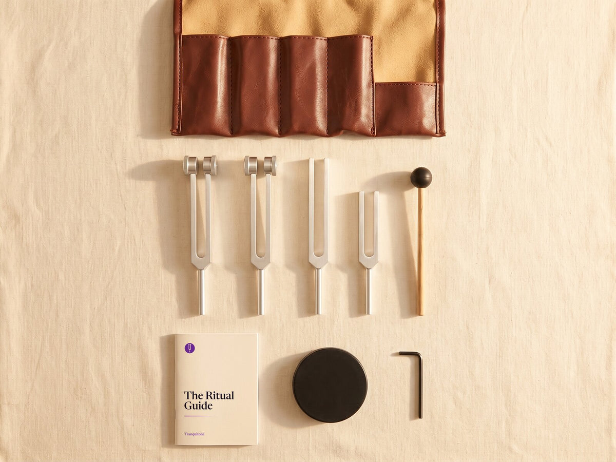 Everything in a set laid out from above: the open roll-up case, four tuning forks, a mallet, The Ritual Guide, a black striking puck and a small key.