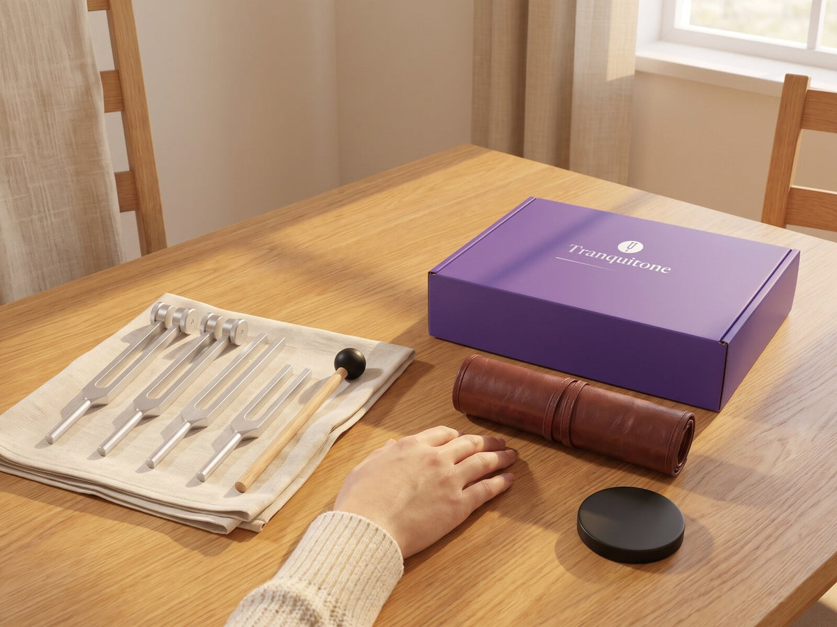 Two sets side by side on a table: four tuning forks and a mallet on a napkin, and the Tranquitone gift box with a rolled-up case and a puck.