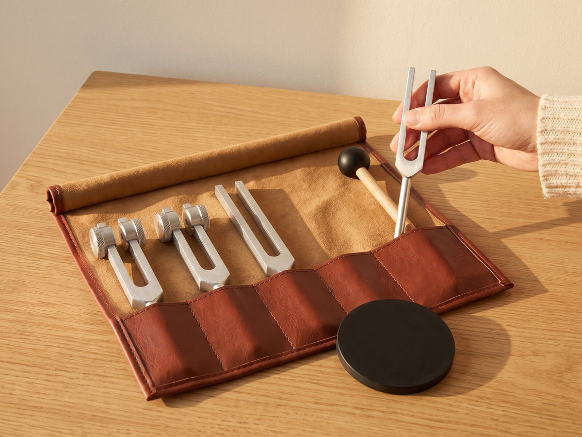 A hand puts a tuning fork back into the open roll-up case, the other forks, the mallet and a puck beside it.