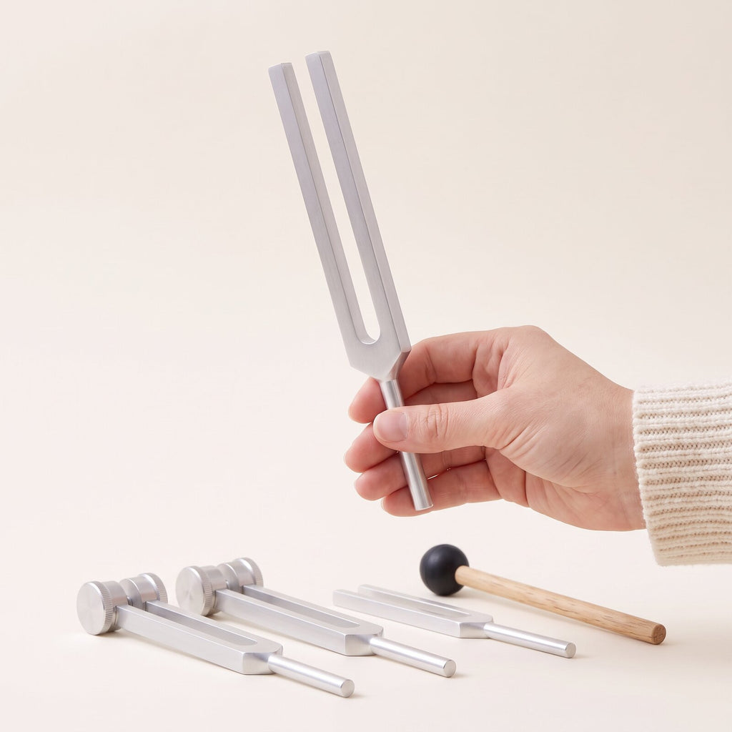A hand holds a plain tuning fork by its stem above the other three forks and a mallet.