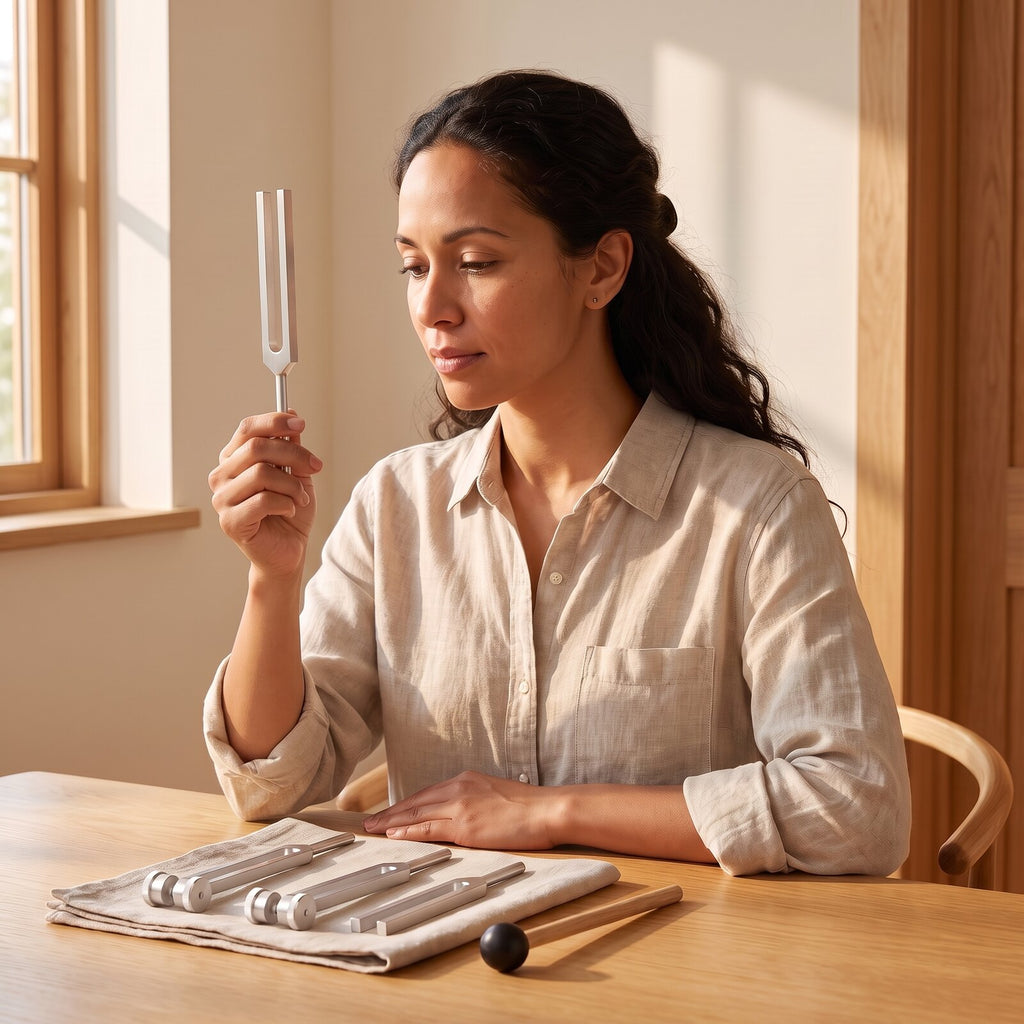 A woman at a sunny table holds up a tuning fork, three more forks and a mallet on a napkin in front of her.