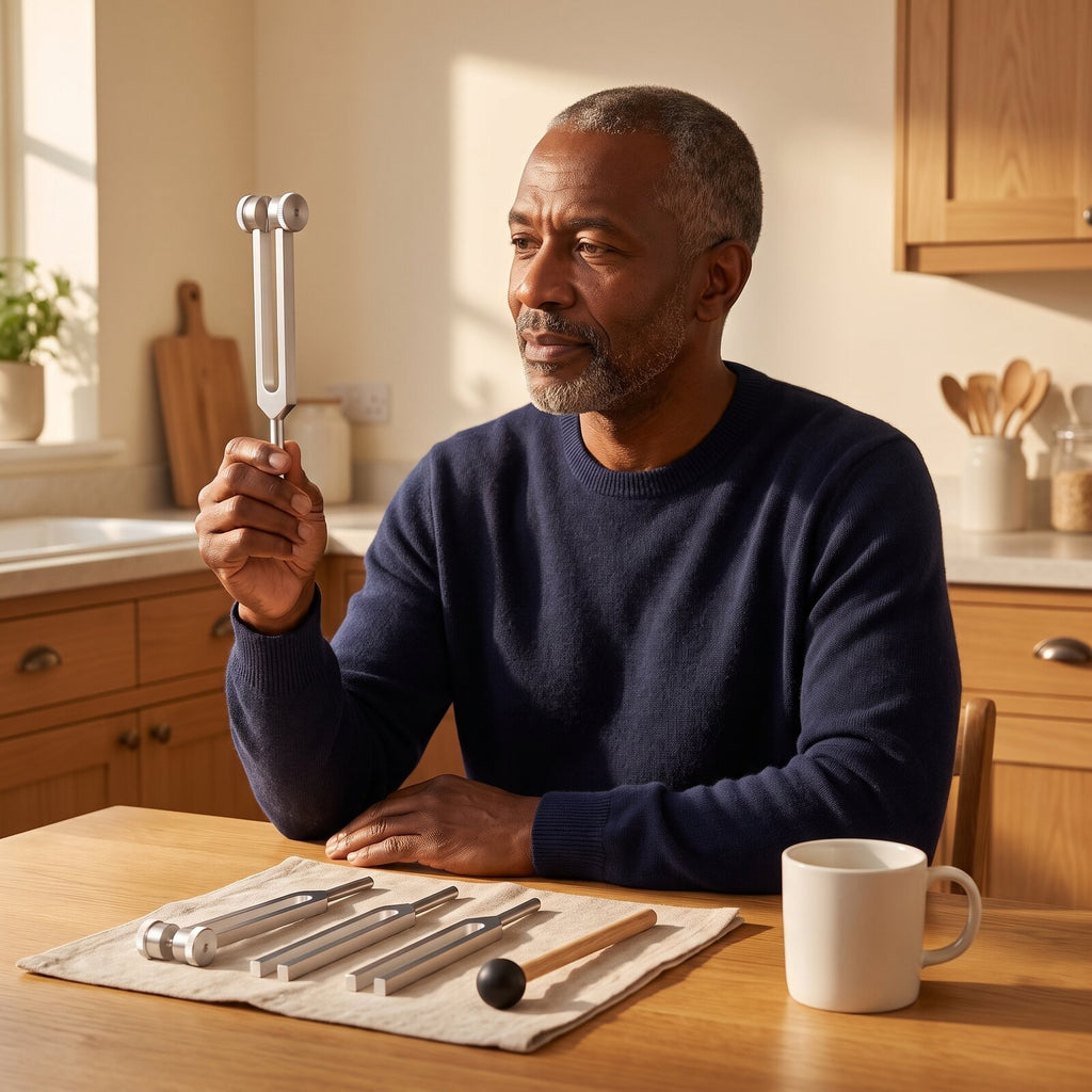 A man in a sunny kitchen holds up a weighted tuning fork, three more forks and a mallet on a napkin beside a mug.