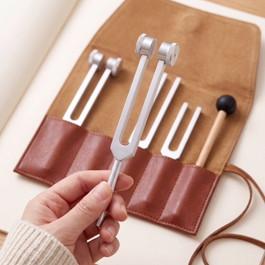 A hand holds a weighted tuning fork by its stem, the open case with the other forks behind.