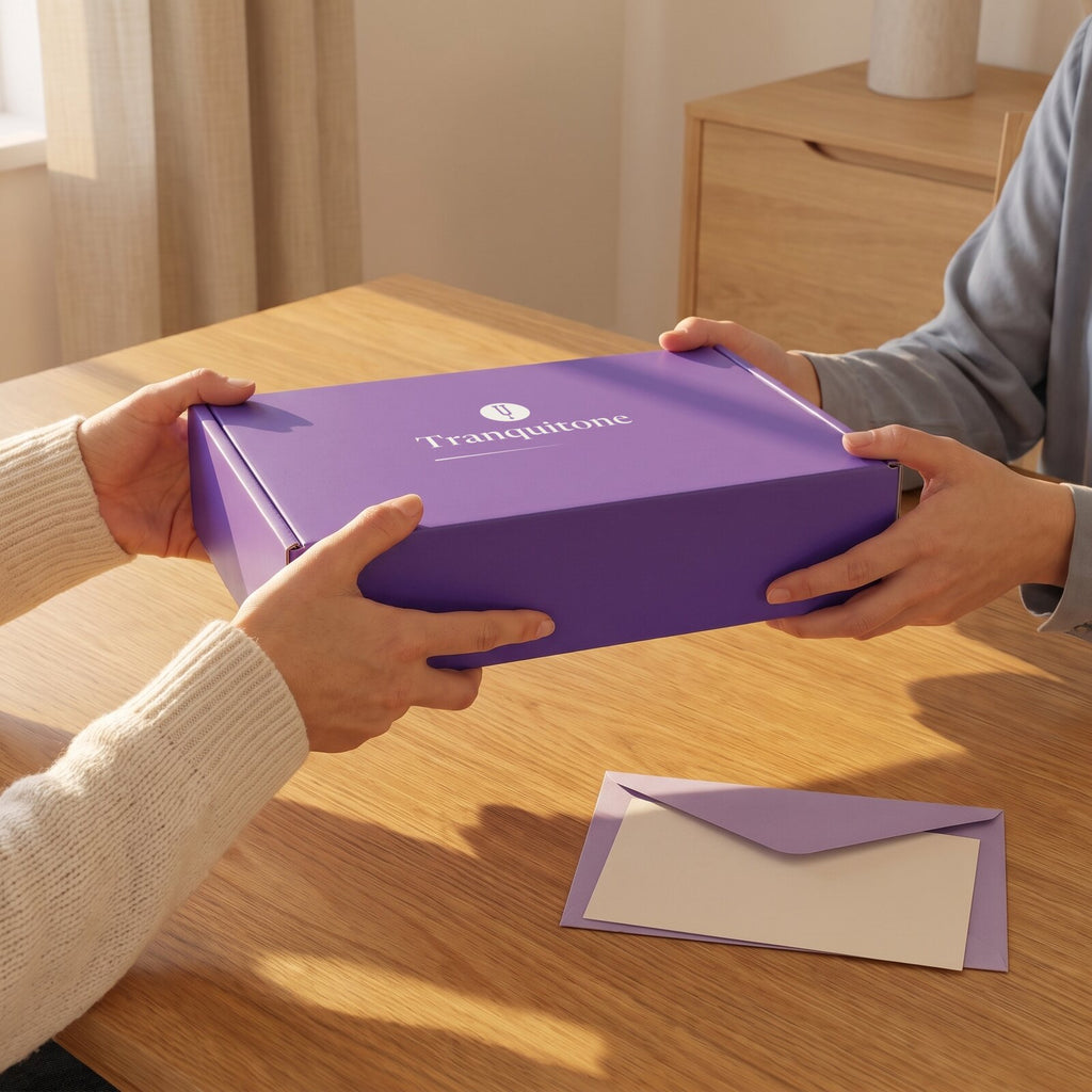 One person hands the Tranquitone gift box to another across a sunny table.