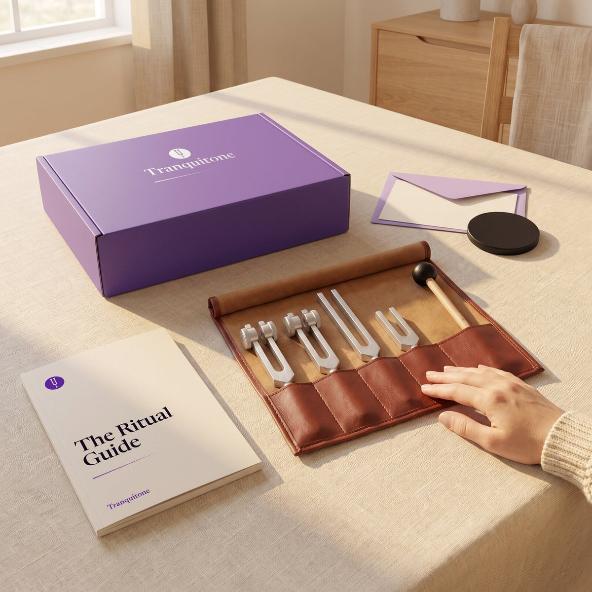 The Gift Set in one picture: the Tranquitone gift box, the open roll-up case with four tuning forks and a mallet, The Ritual Guide, a note card and envelope and a black striking puck, with a hand on the case.