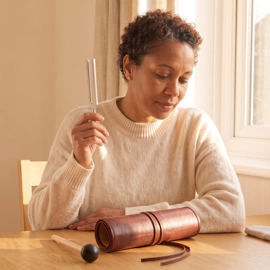 A woman at a sunny table holds a tuning fork beside her ear, a rolled-up case and a mallet in front of her.