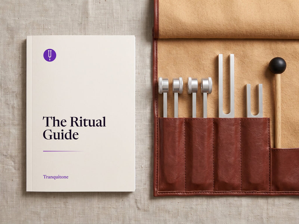 The Ritual Guide booklet on linen beside the open roll-up case with four tuning forks and a mallet.