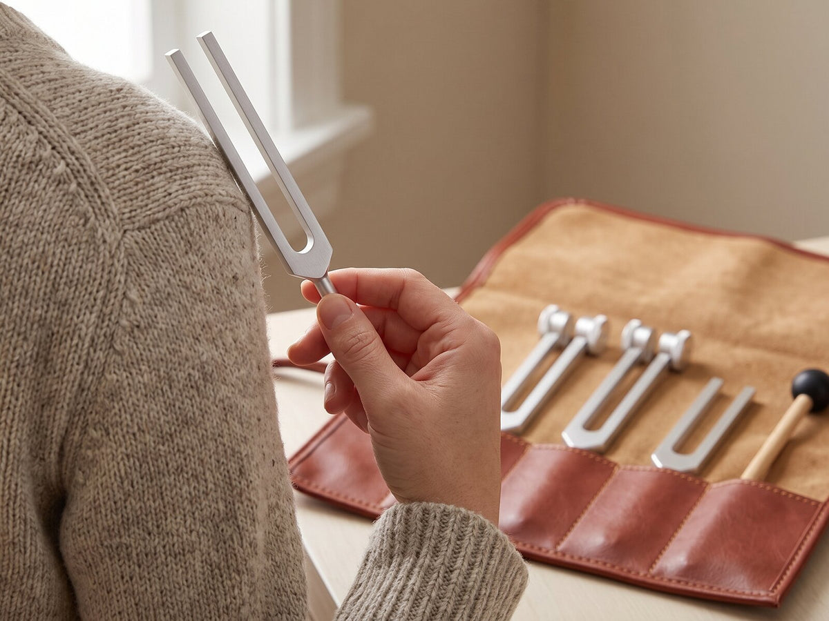 A hand raises a tuning fork to shoulder height.