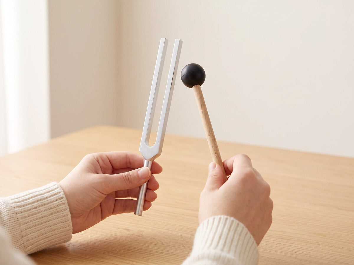 One hand holds a tuning fork by its stem while the other brings the mallet's head close to a prong.