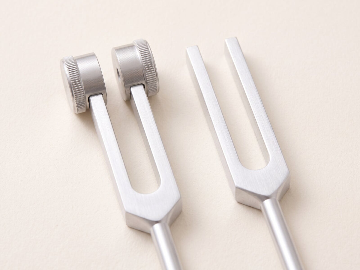 Close-up of a weighted fork with round knurled weights beside a plain fork with bare prongs.