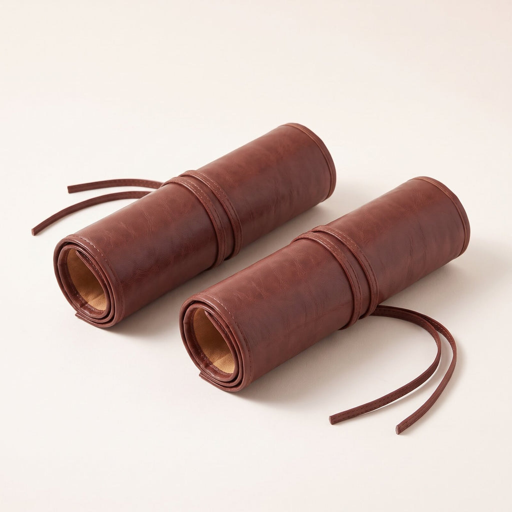 Two brown roll-up cases, each rolled up and tied with its cord, side by side.