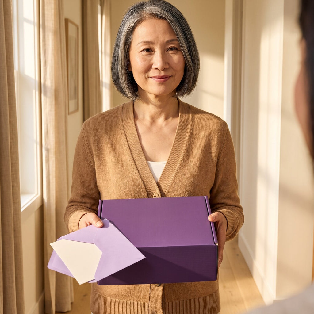 A woman holds a purple gift box and an envelope in a sunny hallway.