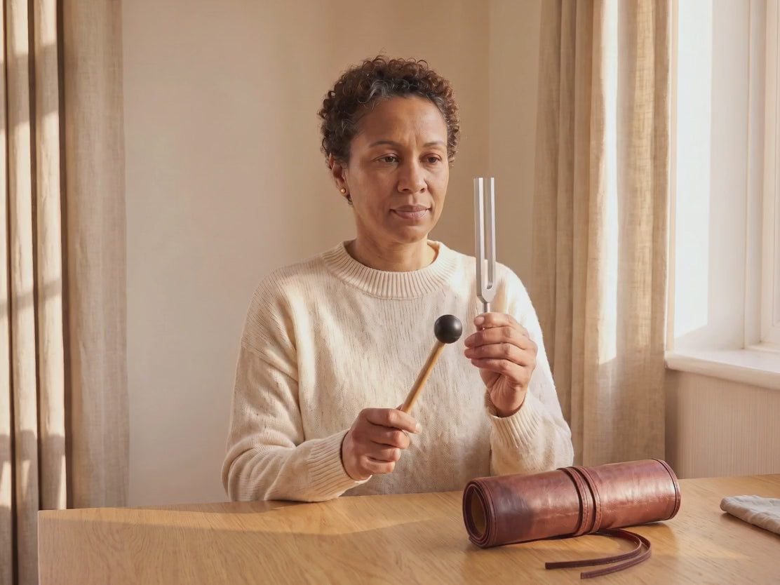 A woman holds a tuning fork by its stem and a mallet beside it, turning the fork slightly.
