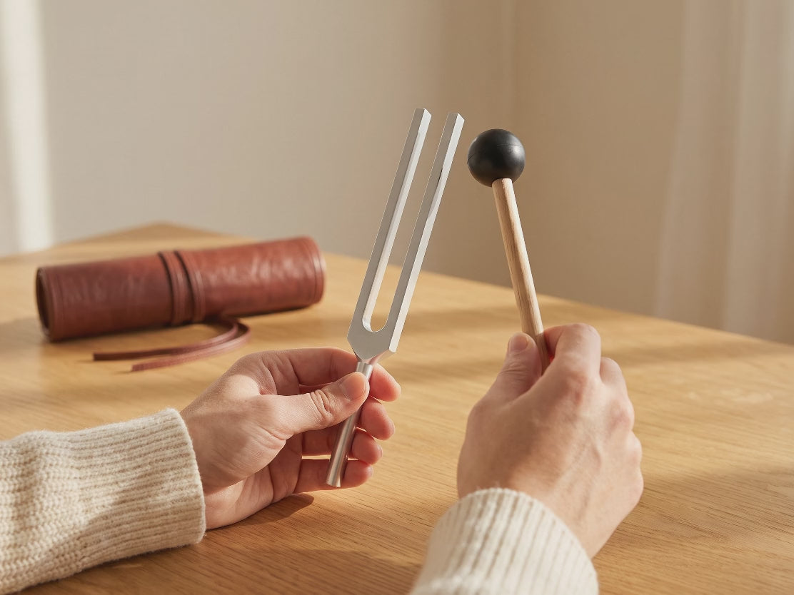 Two hands: one holds a tuning fork by its stem, the other holds the mallet beside a prong.