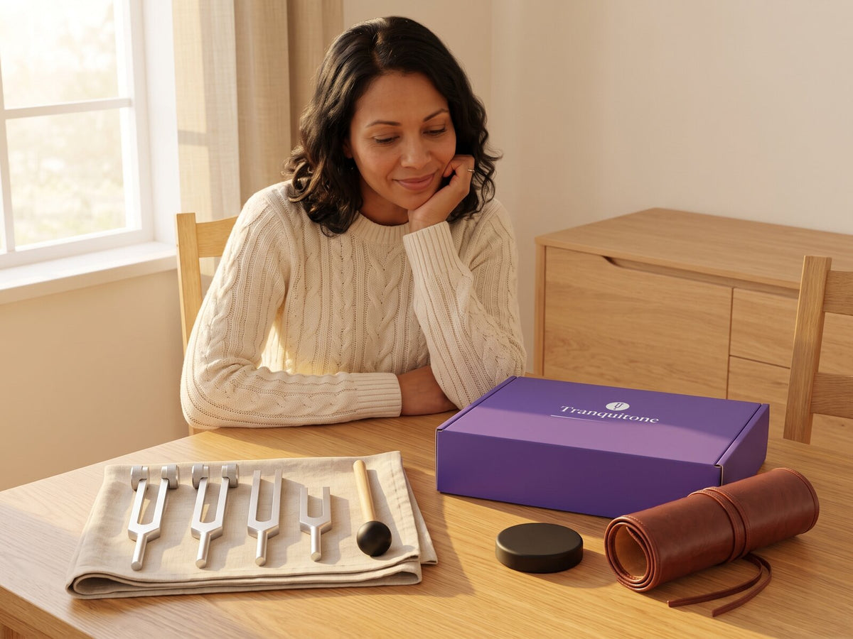 A woman at a sunny table looks at two sets side by side: four tuning forks and a mallet on a napkin, and the Tranquitone gift box with a rolled-up case and a puck.