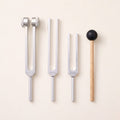 The Three: the 128 Hz tuning fork with a weight on each prong, the 256 Hz and 512 Hz tuning forks without weights, all three a C, and a wooden mallet.