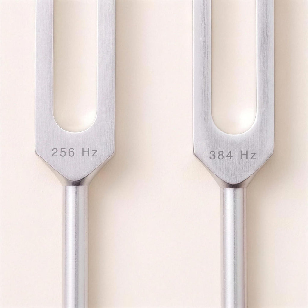 Close-up of The Two's forks side by side, engraved 256 Hz and 384 Hz.
