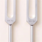 Close-up of The Two's forks side by side, engraved 256 Hz and 384 Hz.