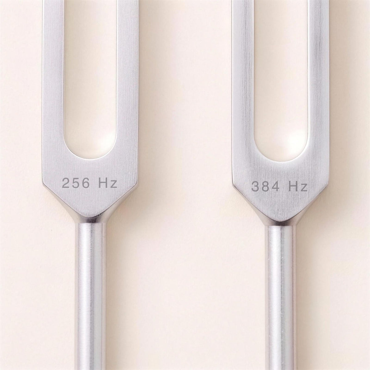 Close-up of The Two's forks side by side, engraved 256 Hz and 384 Hz.