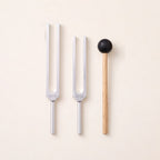 The Two: the 256 Hz and 384 Hz tuning forks, a C and a G, without weights, and a wooden mallet.