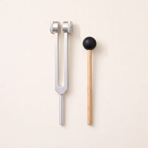 The 128 Hz tuning fork, a low C, with a weight on each prong, beside its wooden mallet.