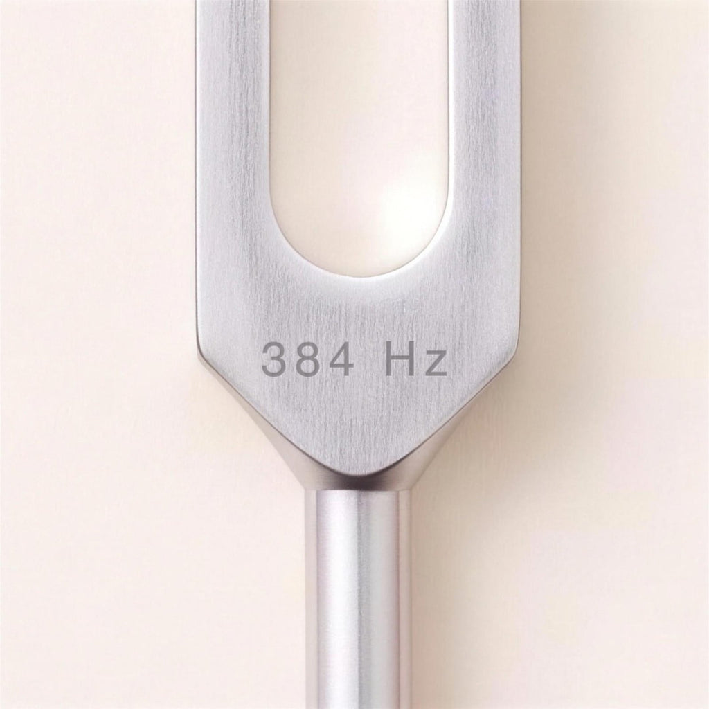 Close-up of the 384 Hz fork below the prongs, engraved 384 Hz.