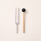 The 384 Hz tuning fork, a G, without weights, beside its wooden mallet.