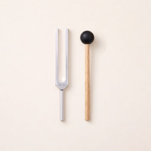 The 384 Hz tuning fork, a G, without weights, beside its wooden mallet.
